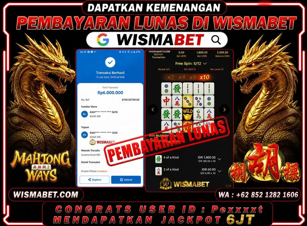 Wismabet - BUKTI KEMENANGAN MAHJONG WAYS Rp6,000,000,- LUNAS